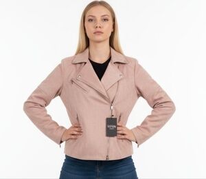 New with tag MANN Faux Suede Pink Motto Jacket  sz L Unisex See Measurements
